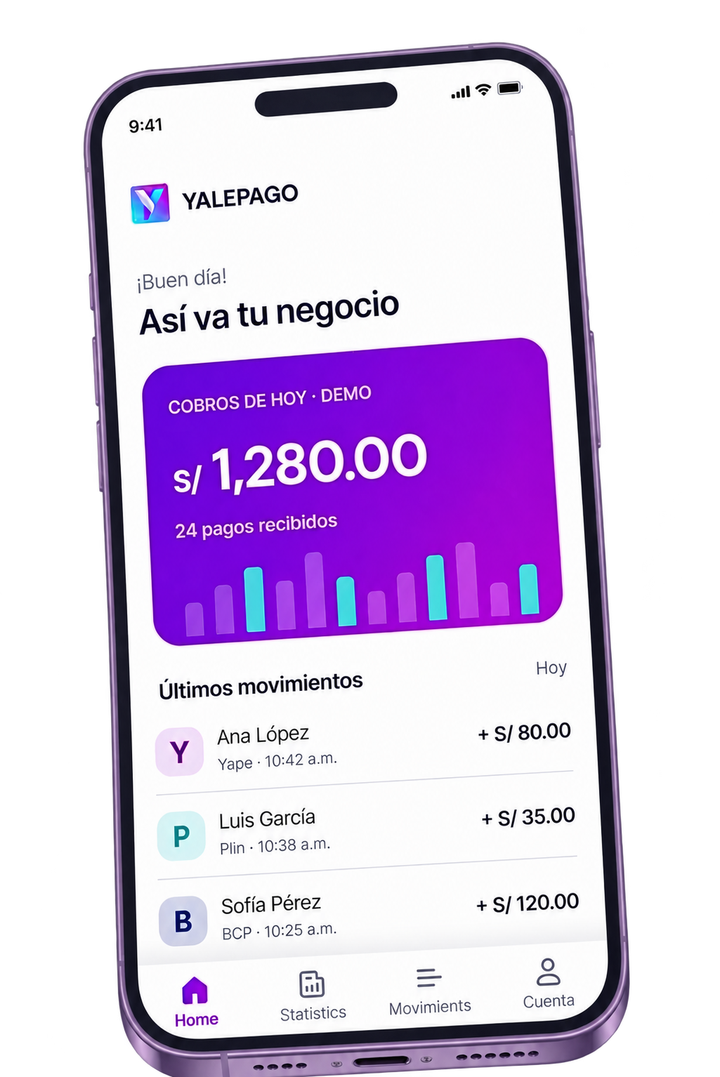 Teléfono mostrando el panel de cobros de Yalepago
